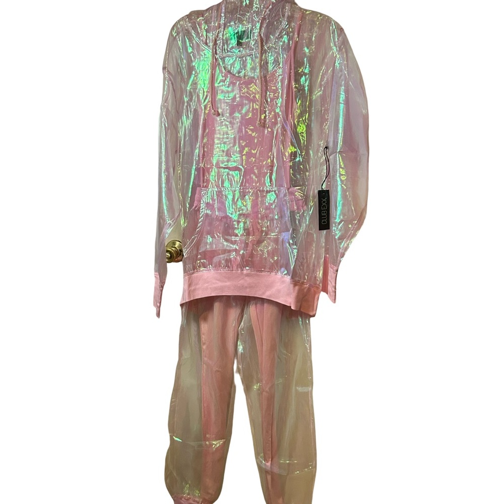BRAND NEW! Iridescent Pink Hooded 3PC Pants Set with Pink Stretch Jumpsuit